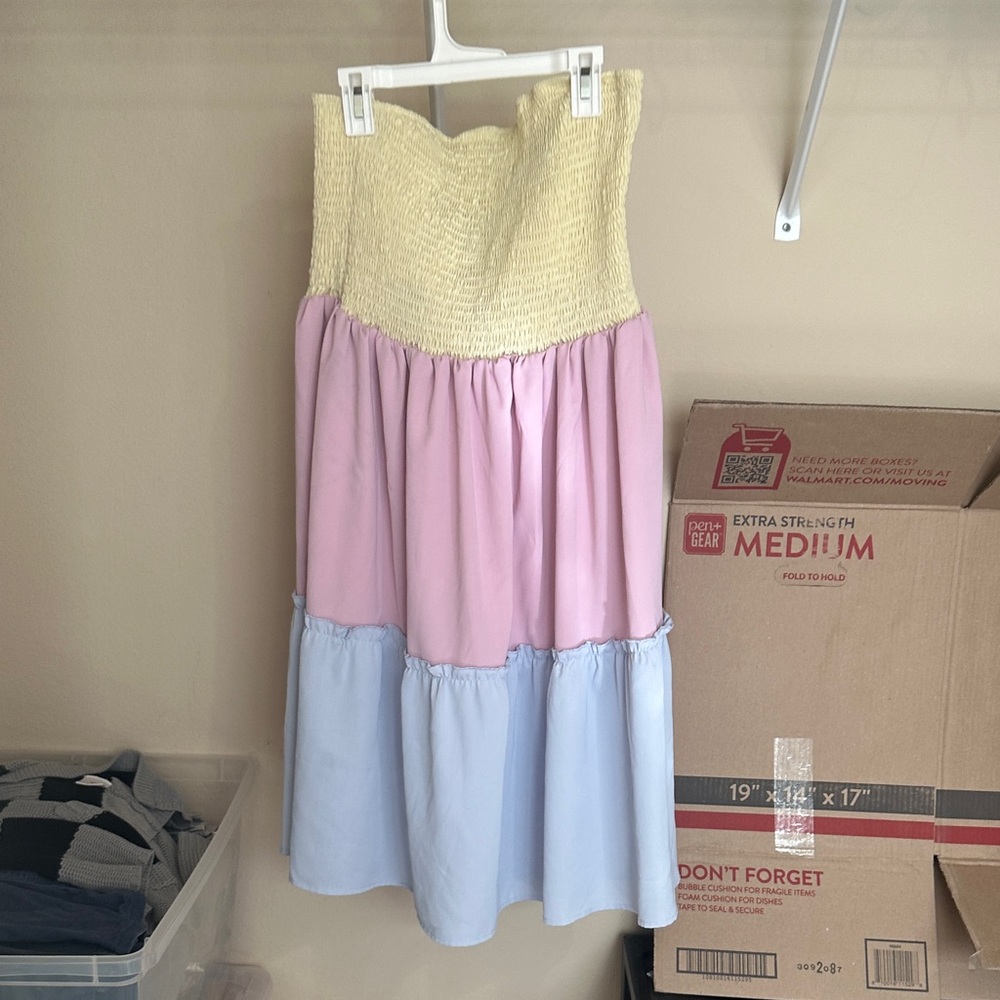 SHEIN Yellow Smocked Strapless Colorblock Dress with Pink & Light Blue Tiers